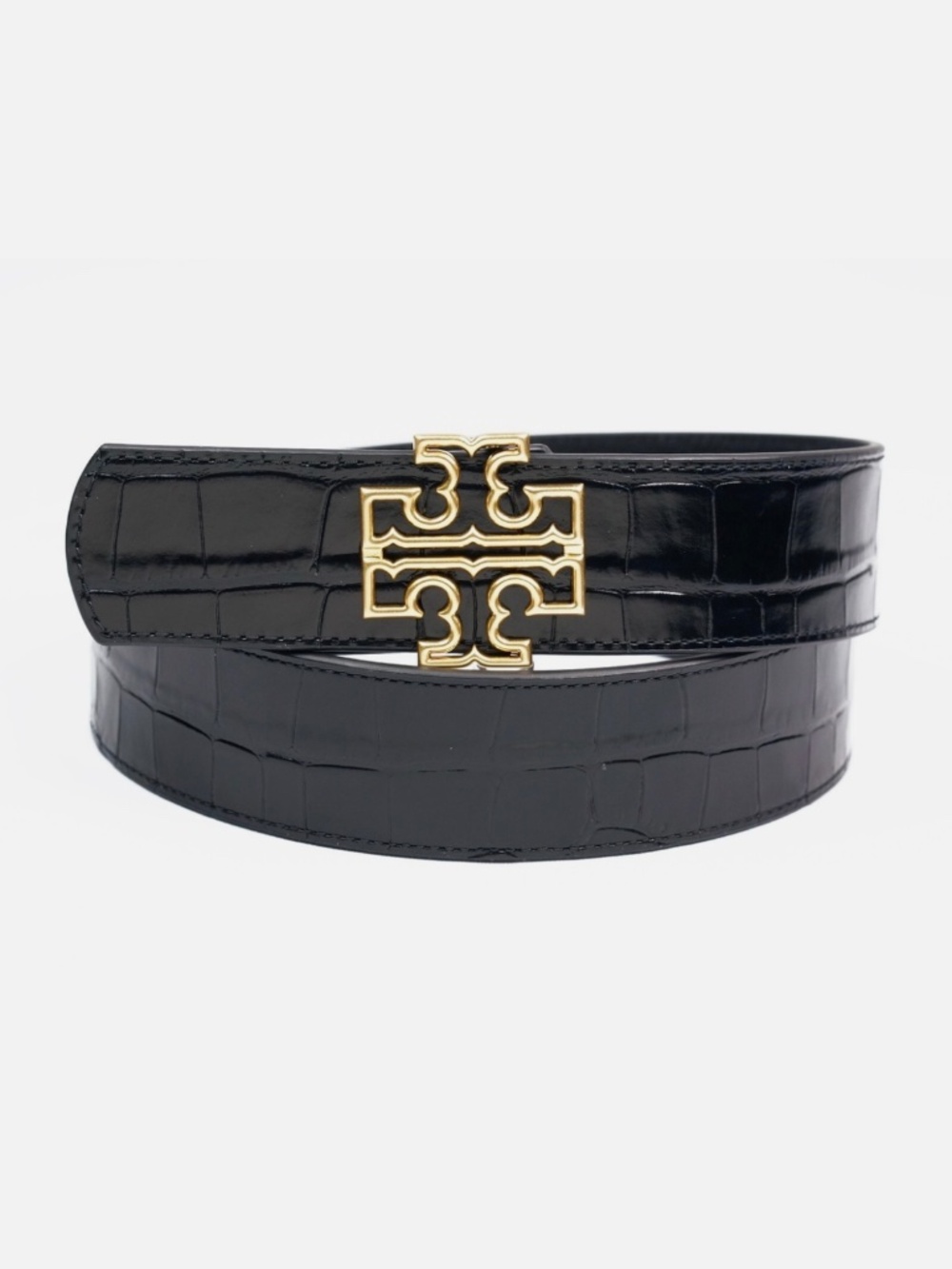 New Tory Burch Britten Logo Reversible Croc Embossed Belt 1.5" Deep Kelp Black